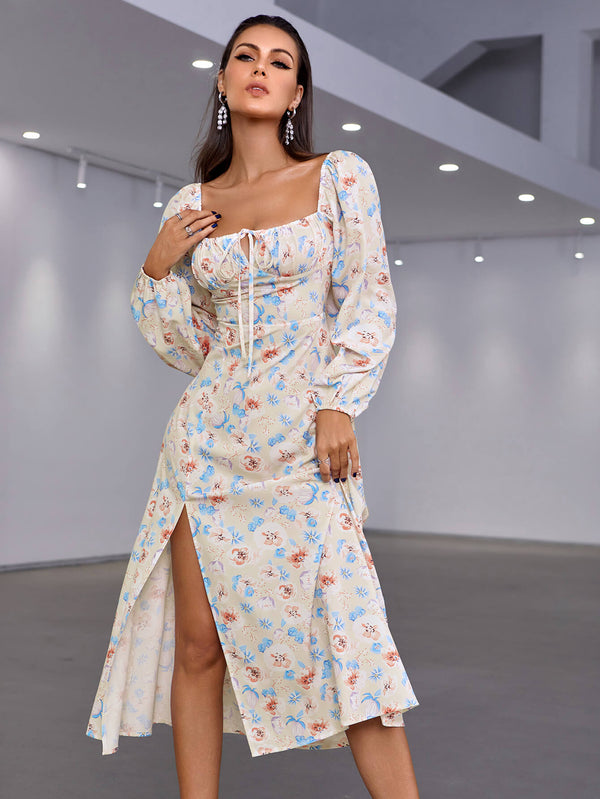 Floral Tie Front Square Neck Split Midi Dress