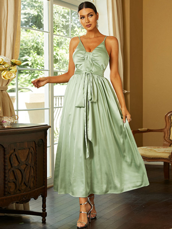 Satin Tie Waist Deep V Maxi Dress