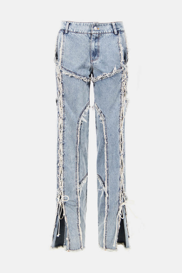 Lace-Up Frayed Straight Leg Jeans