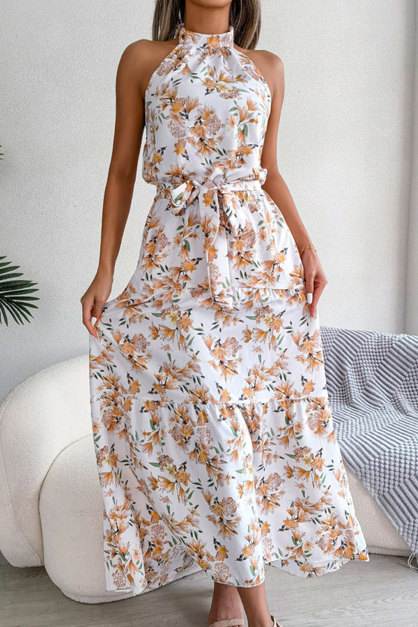 Floral Tie Waist Backless Maxi Dress