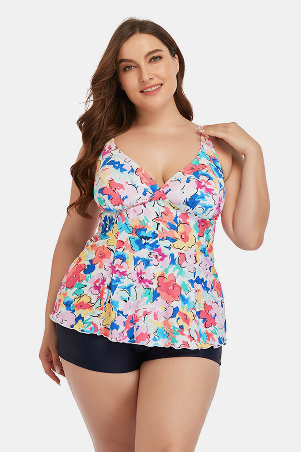 Plus Size Floral Cutout Tie Back Two-Piece Swim Set