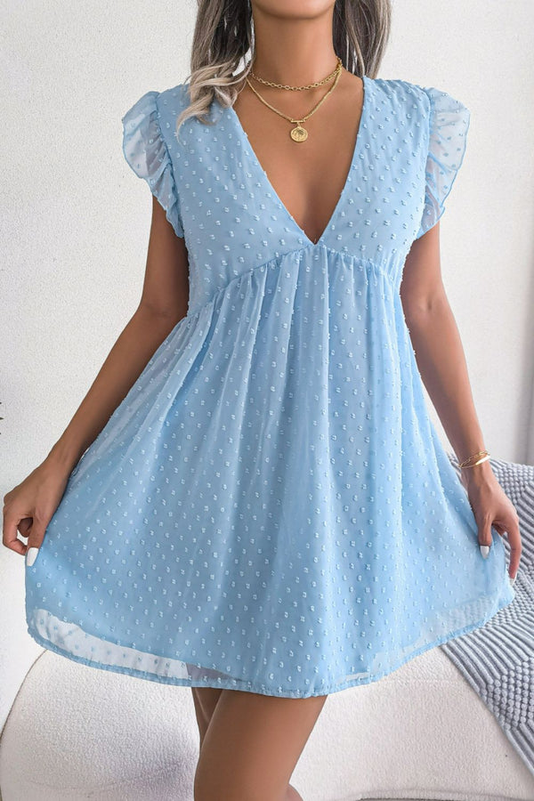 Swiss Dot Deep V Ruffle Shoulder Mini Dress