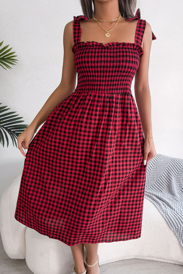 Plaid Tie Shoulder Frill Trim Midi Dress