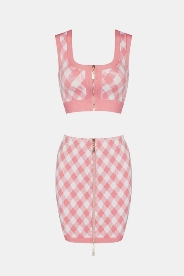 Gingham Zip Front Crop Top and Skirt Set