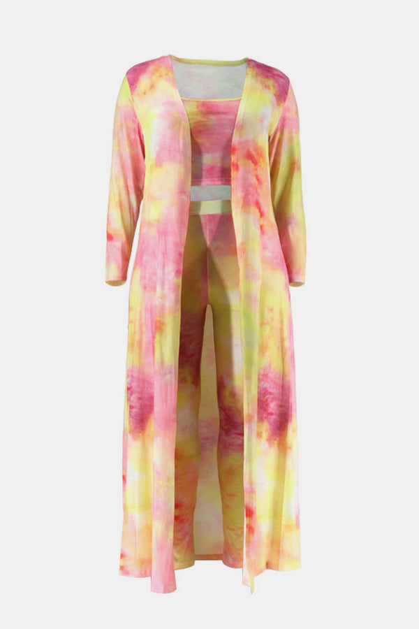 Plus Size Tie-Dye Sports Bra, Leggings, and Duster Kimono Set