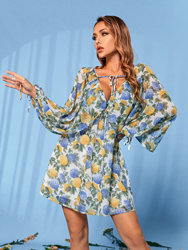 Floral Tie Front Deep V Split Sleeve Dress