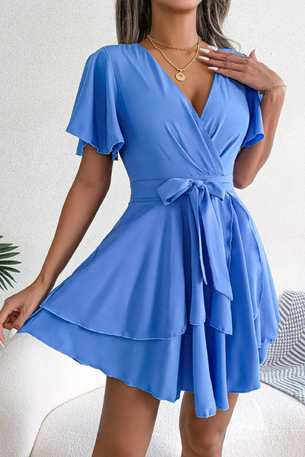 Tie Waist Flutter Sleeve Ruffled Dress